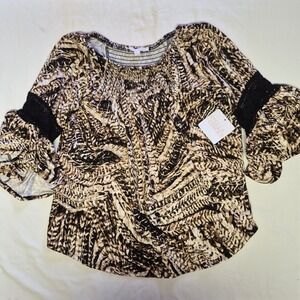 Stella + Ginger Womens Large Abstract‎ Animal Print Smocked Bell Sleeve Boho Top